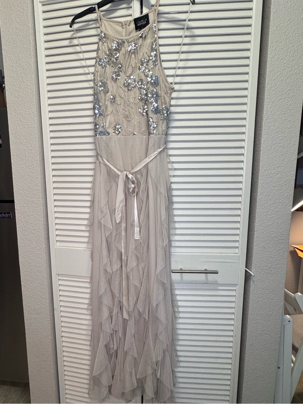 Taupe Sequin Halter Ruffle Tulle Dress